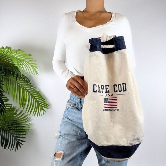 Vintage Beige Boho Cape Cod MA Beachy Coastal Chic Drawstring Sack Backpack - Picture 1 of 8